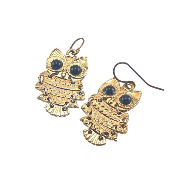Gold-Tone Owl Dangle Earrings With Black Accents For Women - Picture 4 of 7